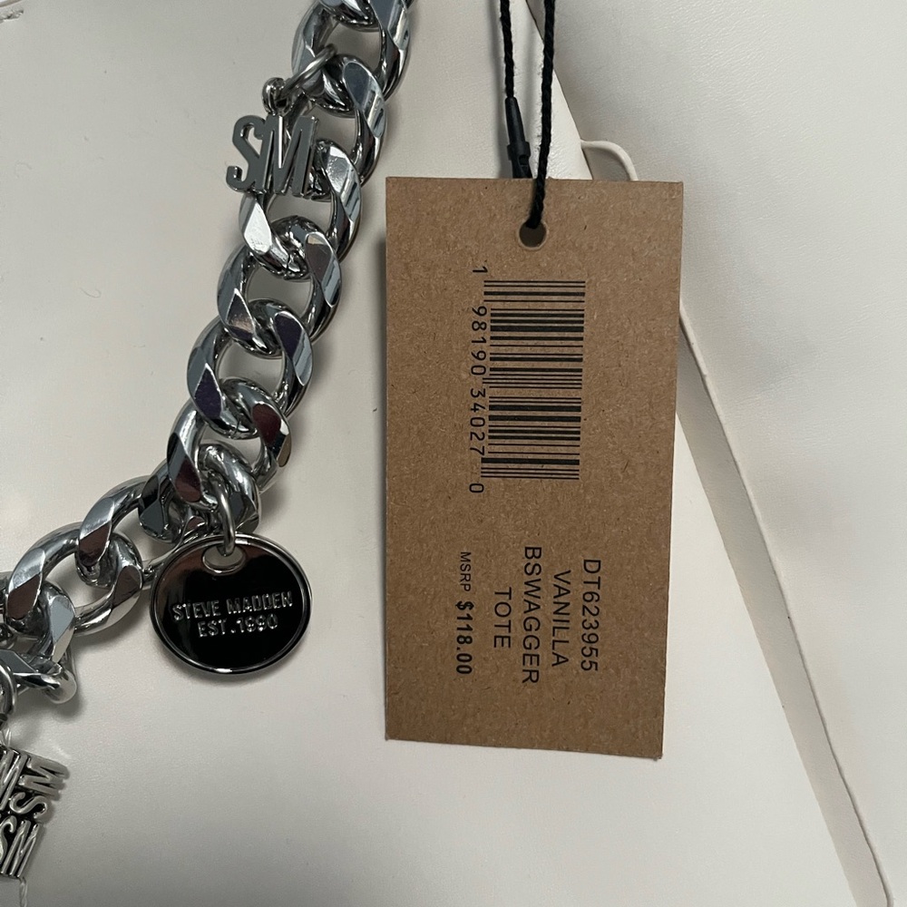 Steve Madden Vanilla Cream B swagger Tote Shoulder Bag Silver Chain Charms NWT - Picture 5 of 15
